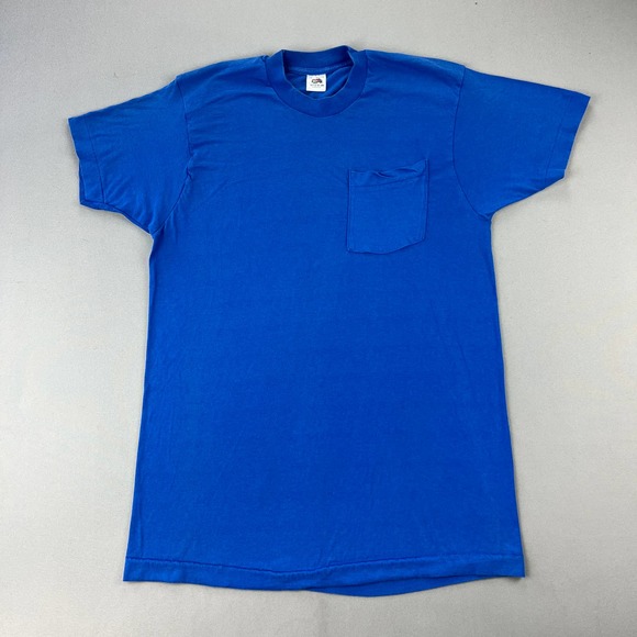 Vintage Blue Selvedge T-Shirt Adult Large Blank Pocket Fruit Of The Loom USA 80s - Picture 1 of 11